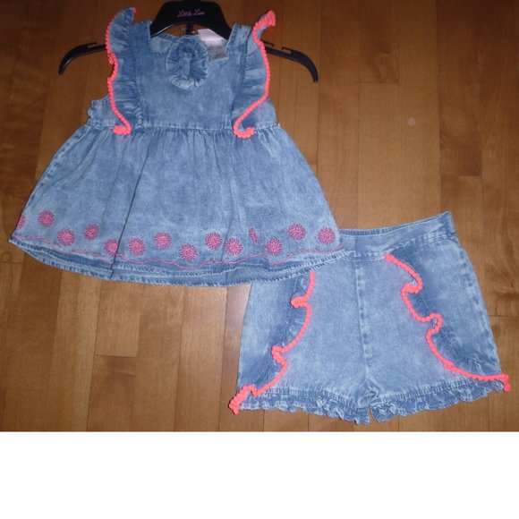 Girls Little Lass 3 pc Chambray Tunic Tank Top & Shorts Set Size 4 5 6 6X NWT